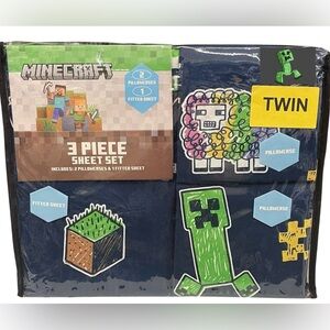 MINECRAFT Twin 3-pc Sheet Set Black Green Gaming ~1 Fitted ~2 Pillowcase NEW NIP